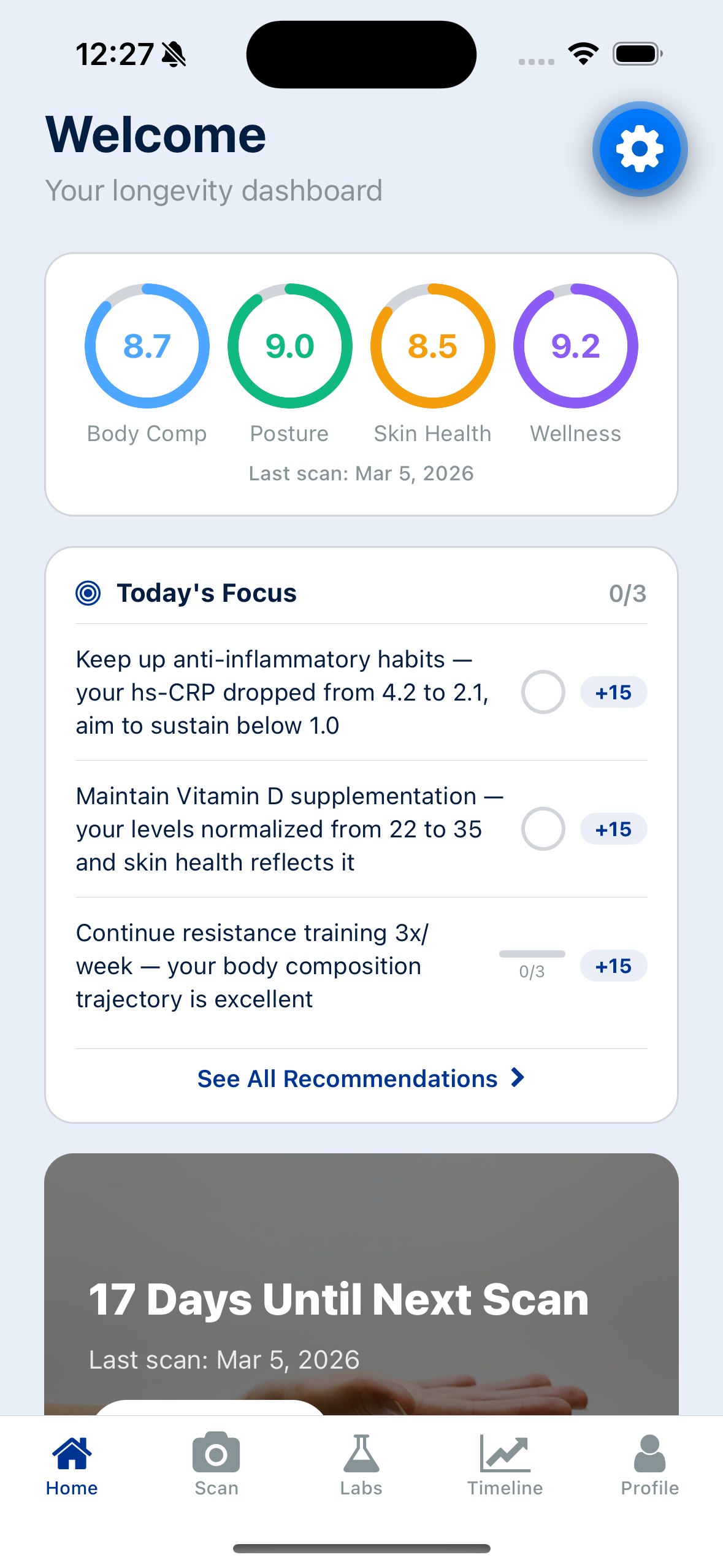 Longevity app main screen